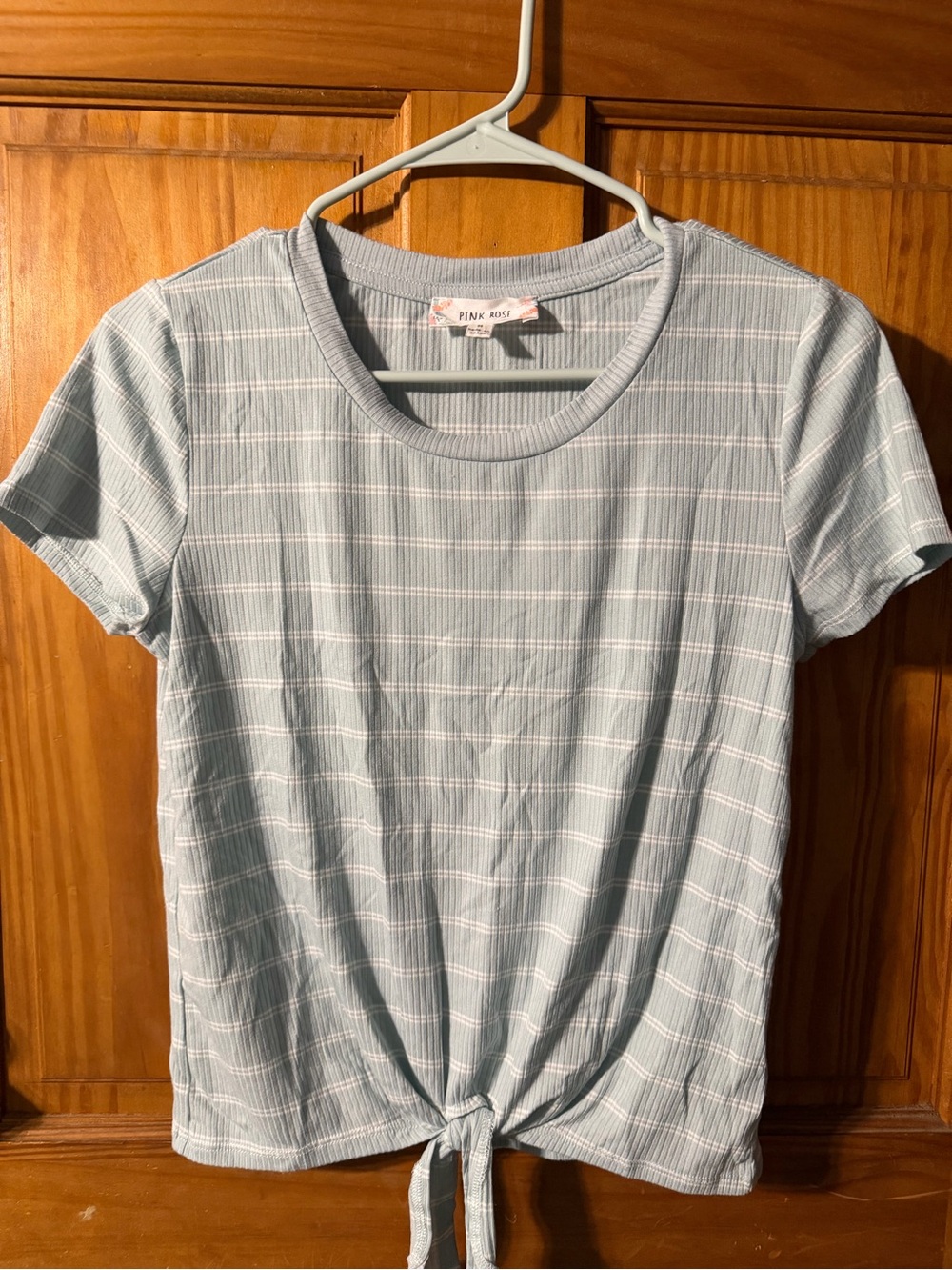 Pink Rose Light Blue Striped Tie-Hem Short Sleeve Tee